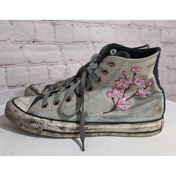 Size 9 - Converse Chuck High Top Denim Cherry Blossom Goth Zombie Custom Shoe - Picture 6 of 15